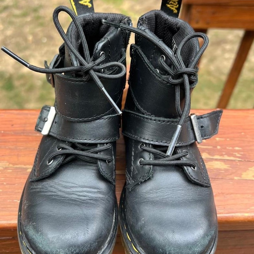 Dr. Martens Youth 10 1460 Joskat Black Leather Buckle Combat Boots